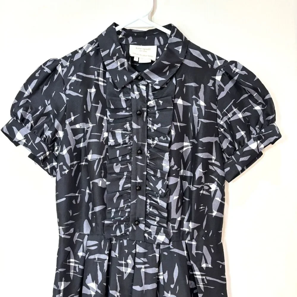 Kate Spade Nelli 100% Silk Fit Flare Dress sz 2 Black Gray Abstract Print Career